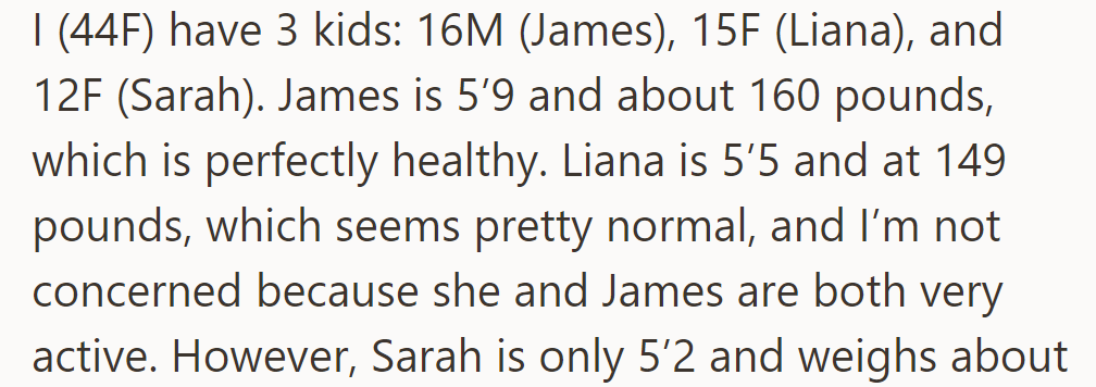 OP's a 44-year-old woman with three active kids: James, Liana, and Sarah.