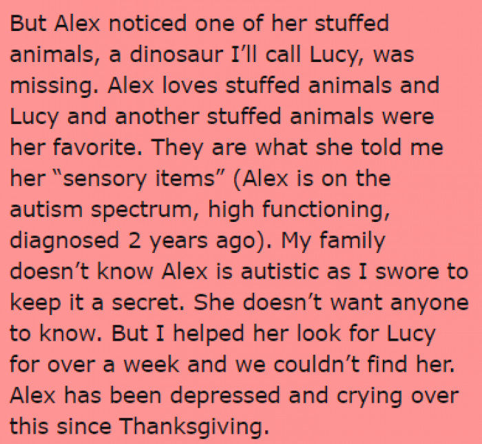After returning, her roommate noticed that her toy dinosaur was missing, which was a big deal for her since it was her sensory item