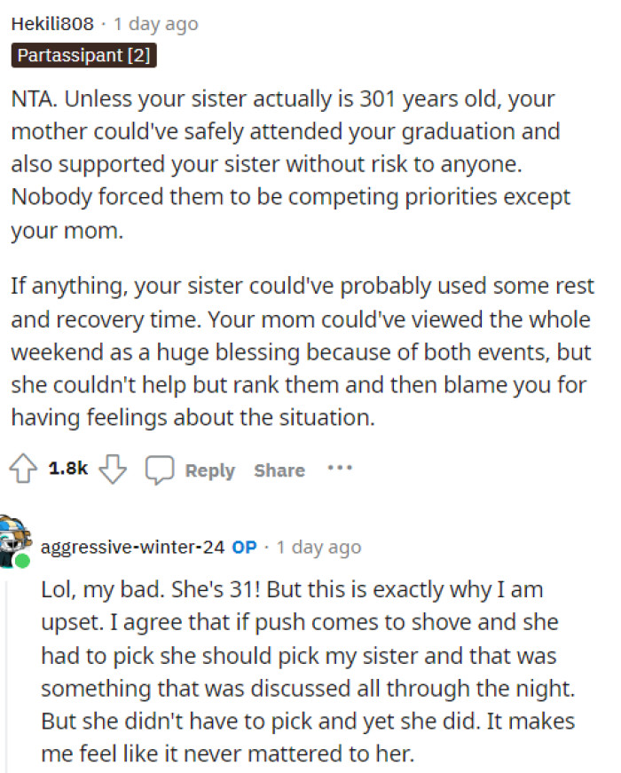 OP actually responded to this person and explained more about why she was upset regarding this situation.
