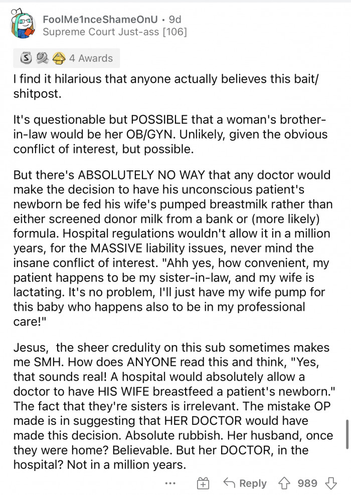 Here's the golden comment stating that this whole post is made up and nothing in it sounds like a real scenario.