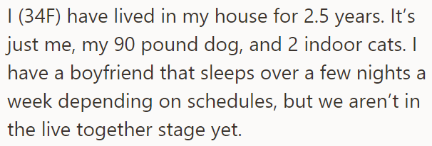 The OP has lived alone in her home for about two and a half years