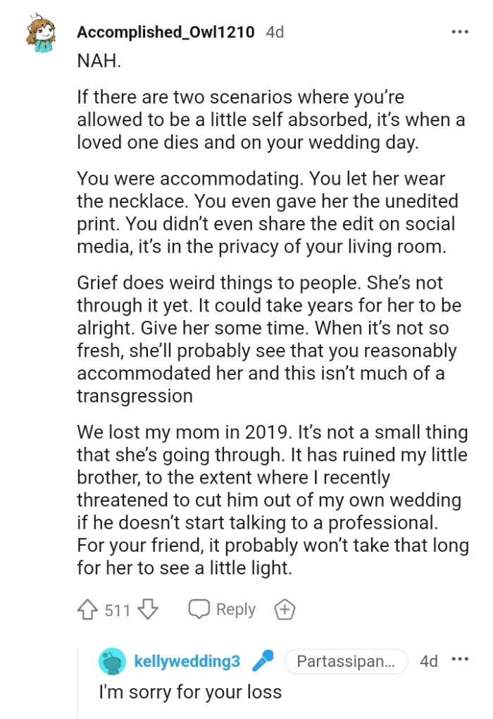 The OP gave her the unedited print and didn't share it on social media.