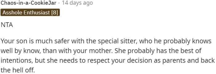 The specialized sitter provides safer care for OP's son