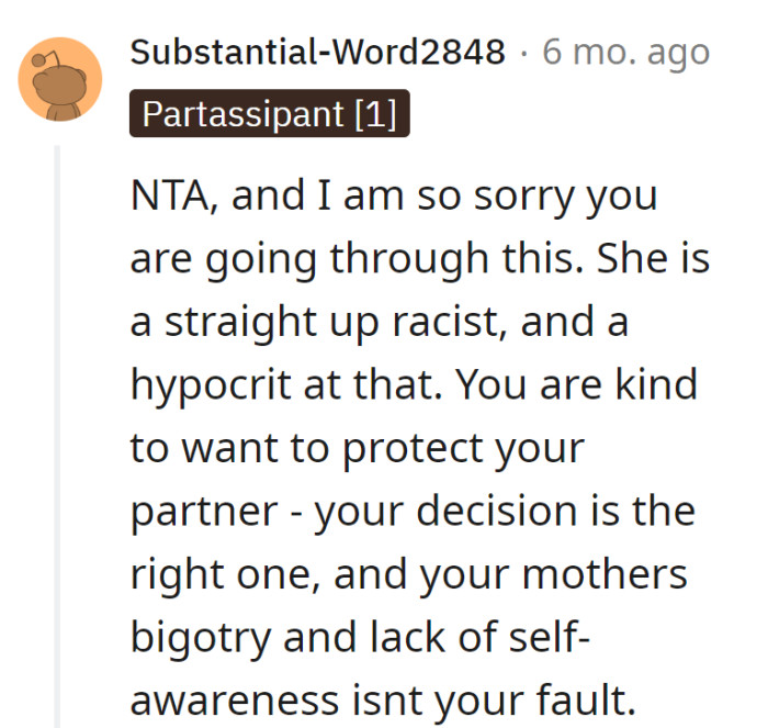 Shielding partners from bigotry: a superhero move. Mom's lack of self-awareness, however, needs its own zip code.