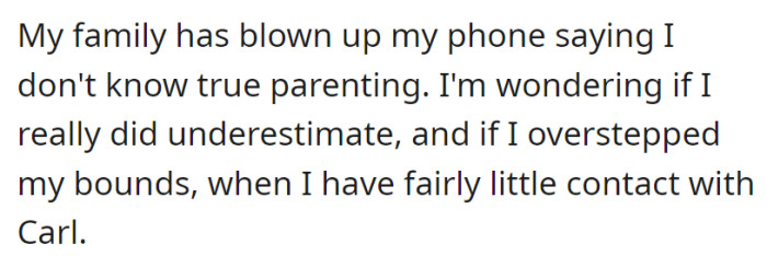 Criticism from the family has OP questioning their understanding of parenting, given their limited contact with Carl.