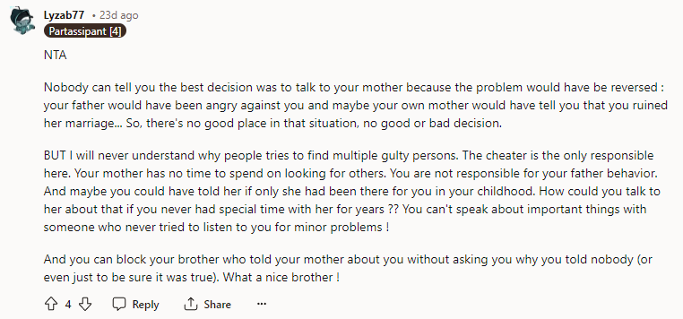 The cheater is the only responsible here.