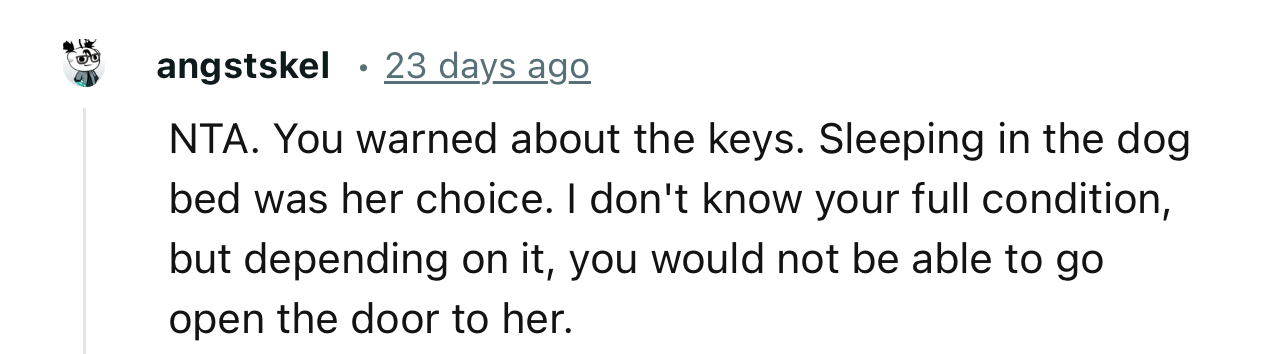 “NTA. You Warned About the Keys. Sleeping in the Dog Bed Was Her Choice.”