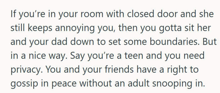 This one leans into the humor of it all, basically saying teens deserve their sacred gossip zone as long as the boundary talk is done gently.