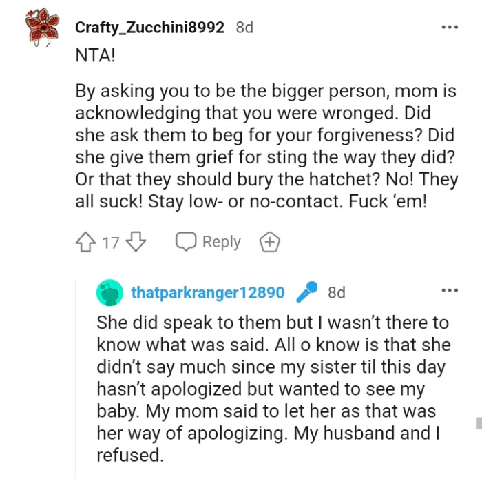 The OP's sister has not apologized to this day