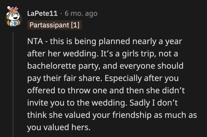 OP was right. She had already offered to throw the bride a party before the wedding. Her best friend declined, so the offer is long gone.