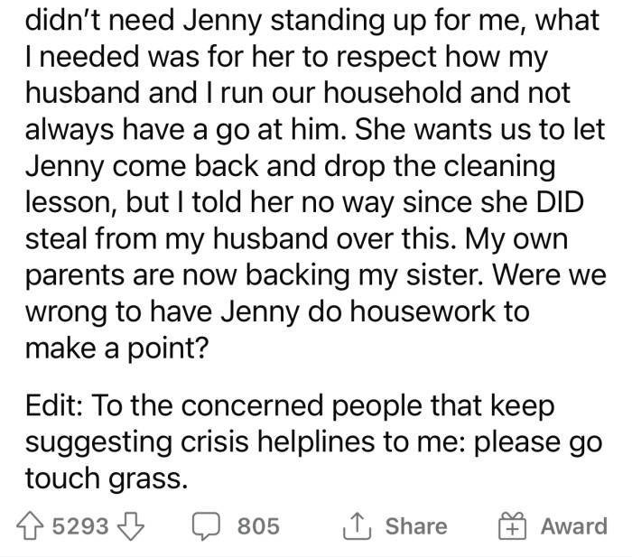 OP feels like she doesn't need Jenny to defend her but still doubts how she handled the situation.