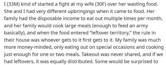 OP explained that he and his wife have different upbringings when it comes to food: