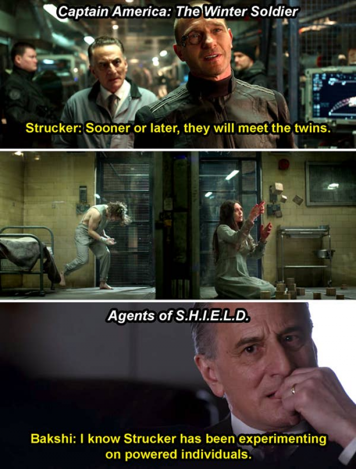 39. 'Agents of S.H.I.E.L.D.' references Wolfgan von Strucker and how he was experimenting on the Maximoff twins which resulted in ther powers, as shown in the after credits scene in 'Captain America: The Winter Solider'