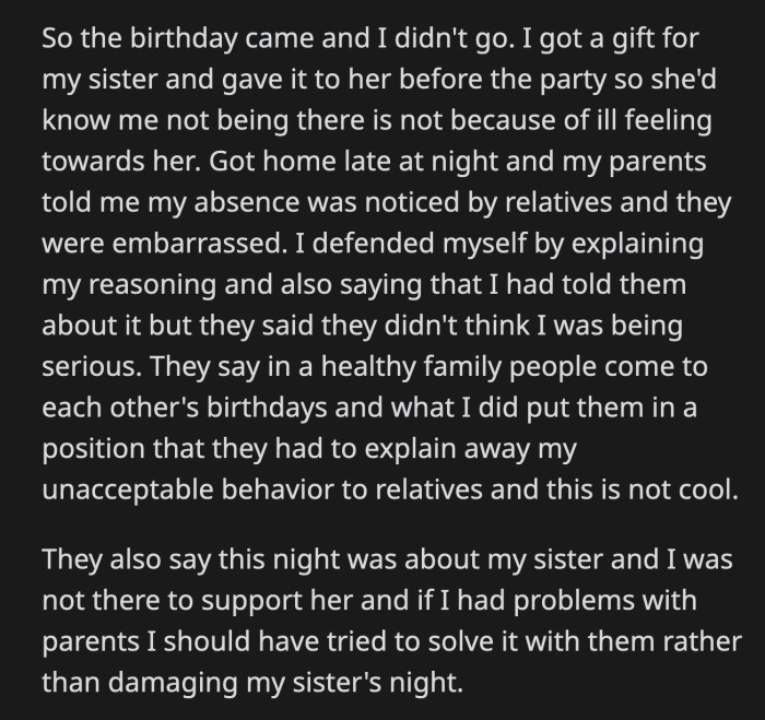 They said OP put them in an uncomfortable position when they had to make up an excuse for her absence