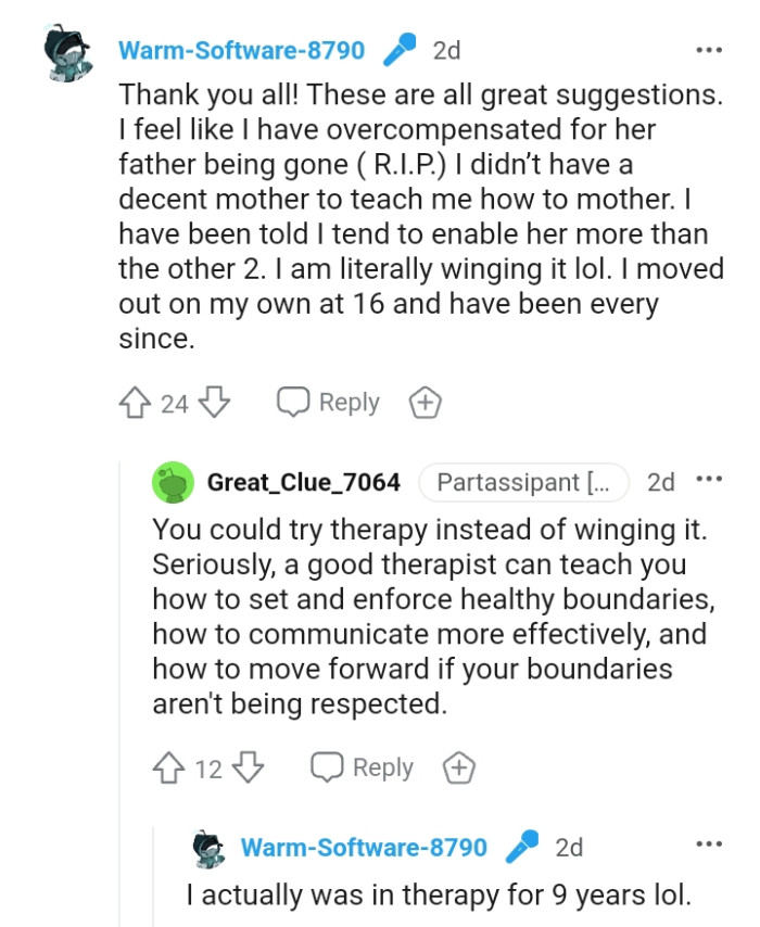 The OP reveals she is thanking all the commenters as their replies are all great
