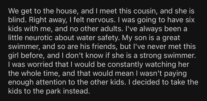 The second OP realized the kid was blind, she started getting nervous.