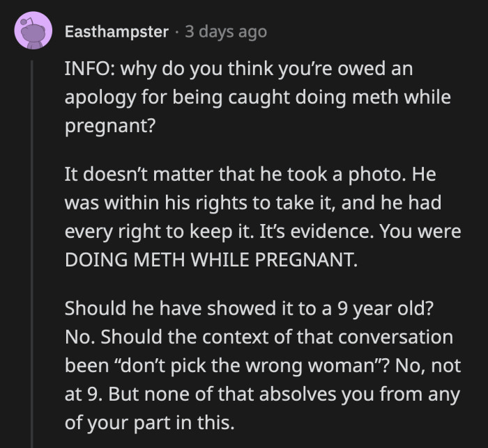 Her ex-husband's poor parenting choices don't erase what OP did during her pregnancy like she thinks they do