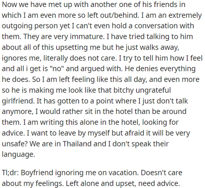 OP, during her Thailand vacation, sought advice on how to deal with the situation.