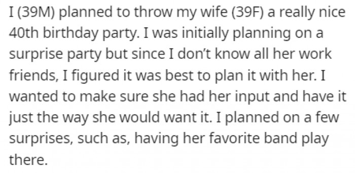 OP wanted to throw the perfect party for his wife's 40th birthday