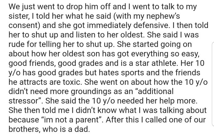 OP decided to have a little chat with her sister, which snowballed into a heated argument after OP told her sister to shut up and listen to her son