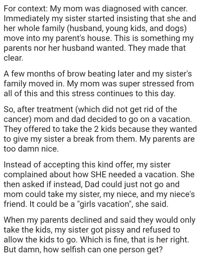 OP's Parents Offered to Take the Two Kids Because They Wanted to Give Her Sister a Break from Them
