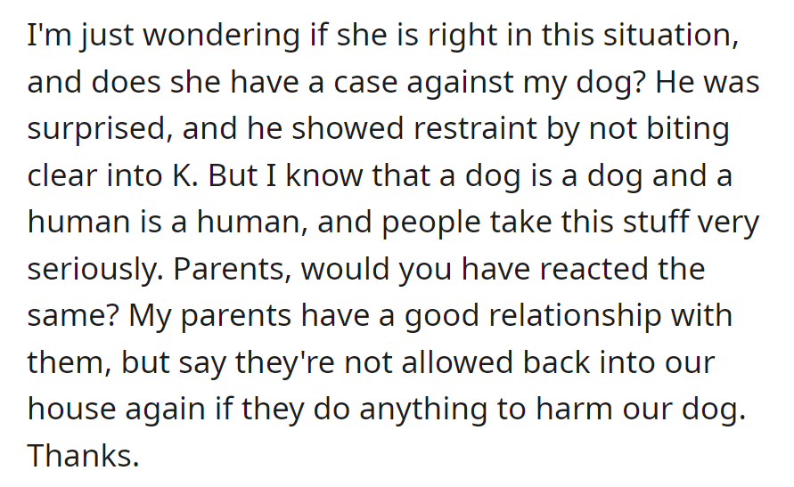 OP questions if aunt has a case against their dog. Asks for parental opinions, mentioning consequences if dog harmed again.
