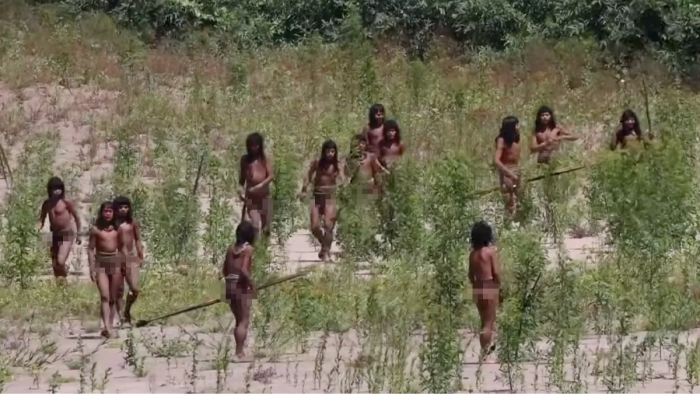 Uncontacted Amazonian tribe near wildlife, camera operators observing from distance.
