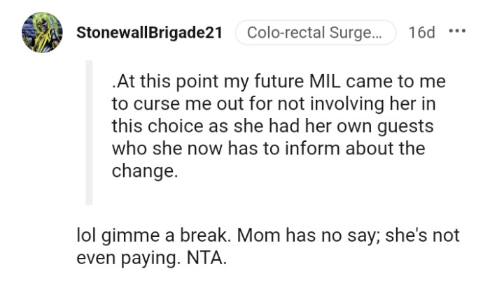 Mom has no say in this as she's not even the one paying