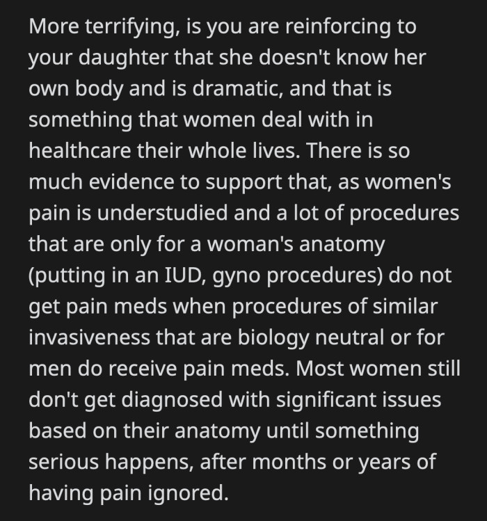 OP is reinforcing harmful biases when she should be teaching her daughter to listen to her own body