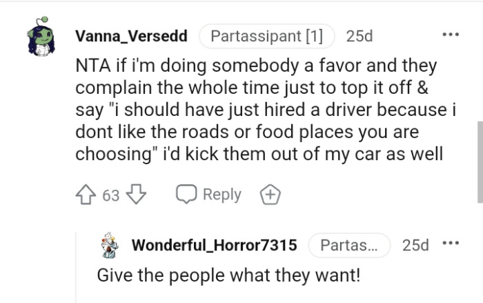 This redditor would kick them out of their car as well