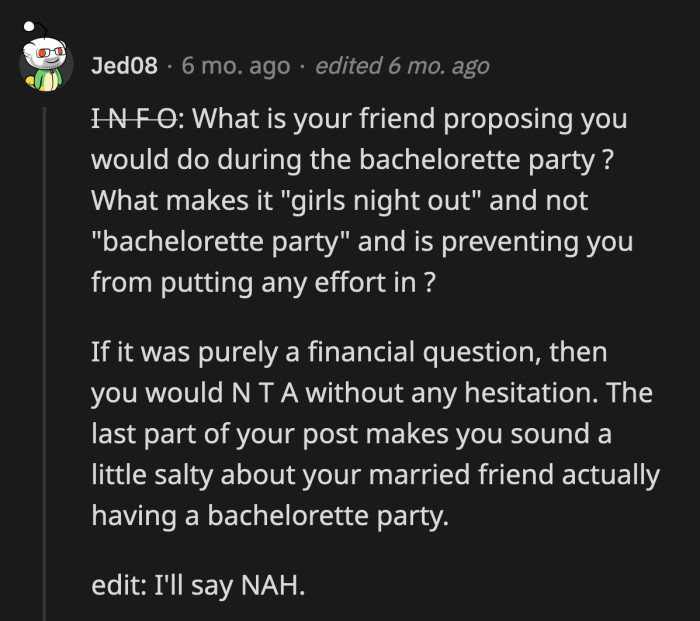 It does sound like there is some resentment on OP's part because she wasn't invited to the wedding.