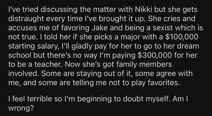 OP felt terrible after seeing his daughter's sadness every time the subject is brought up.