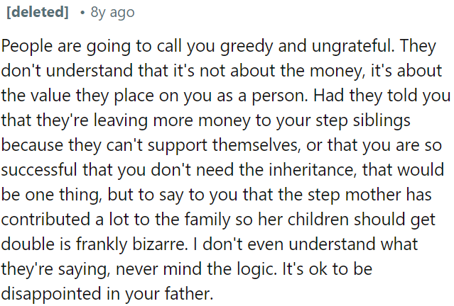 It's natural for her to feel let down by her father's decisions.
