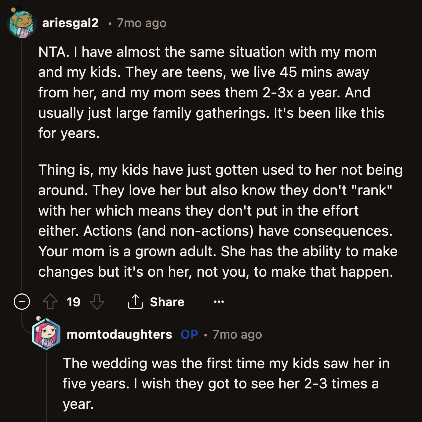 OP wished her mom would put in more effort to build a bond with her kids. She would settle for her visiting the kids at least twice a year.