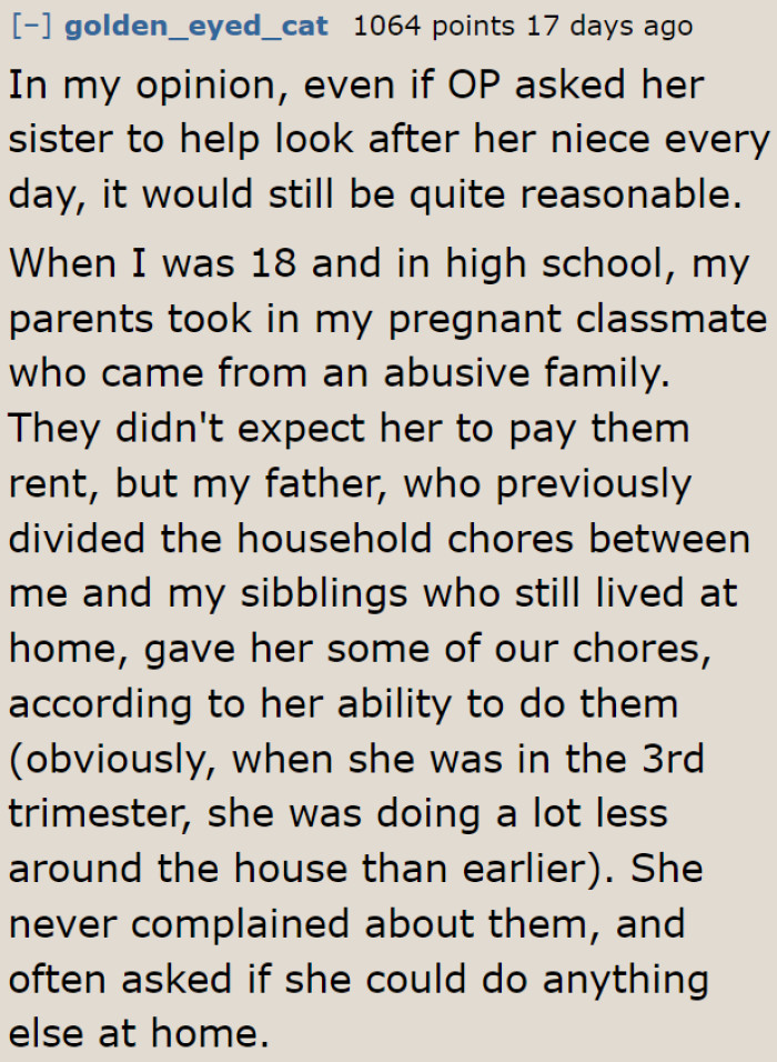 The younger sister really needs to help while she's staying in the OP's home.