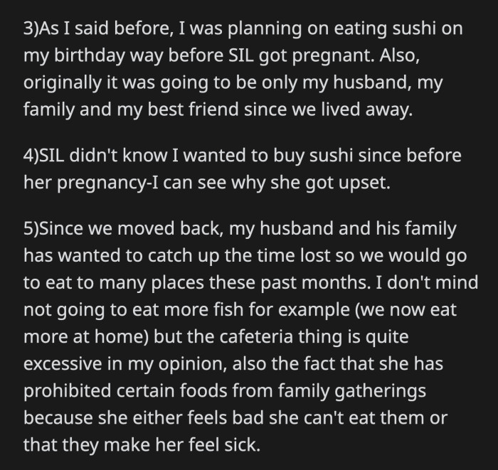 OP clarified that having sushi for her birthday was planned long before her SIL got pregnant