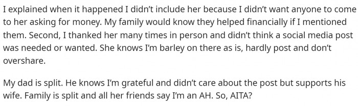 Basically, here's how the situation ended and how her family and friends are split on whether or not she's in the wrong.