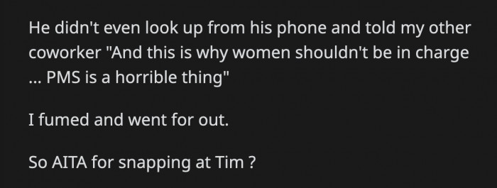 Tim heard what OP said and told the other person in the office that this is the reason why women shouldn't be in charge because PMS is a horrible thing. OP stormed off after that.