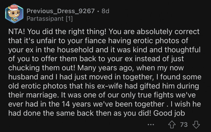 It would be unfair to Op's fiancé if he kept the photos.