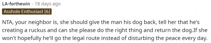 The neighbor is definitely in the wrong as well for not returning the dog, but really, that's none of OP's problem either.