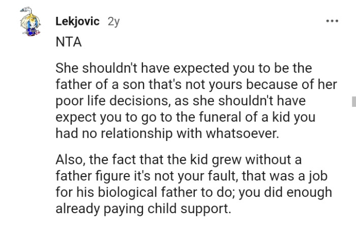 The ex should not expect the OP to go to the funeral