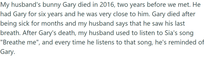 OP's husband lost his bunny, Gary, in 2016, two years before they met. Gary's death deeply affected him, and he would listen to Sia's song 