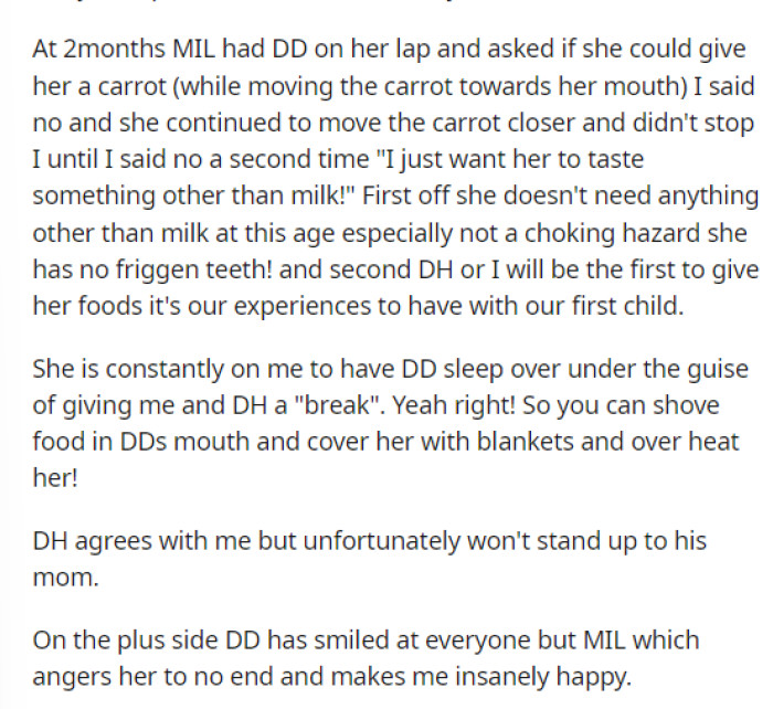 This is when the specifics start coming out about what OP's MIL has done with the baby that has raised her concerns and led her to not allow her MIL to babysit.