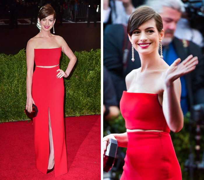 12. Fashion emergency! Anne Hathaway rushed her 2014 Met Gala dress by Calvin Klein because it ripped when she sneezed. Fortunately, help was on the way, so she still walked that red carpet in her beautiful custom-made red dress.