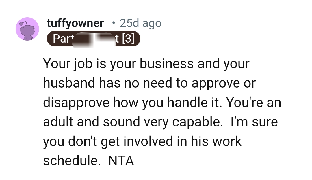 This Redditor is sure the OP doesn't get involved in her husband's work schedule