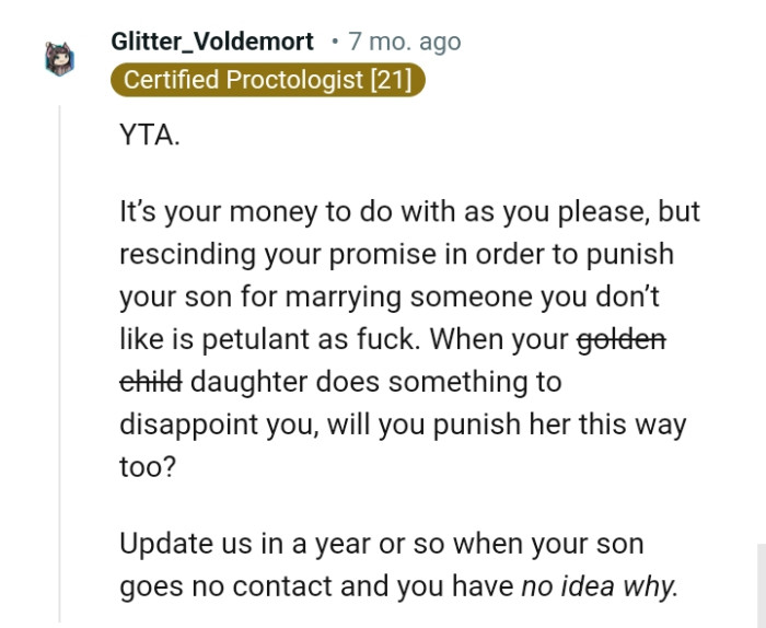 Rescinding his promise in order to punish his son