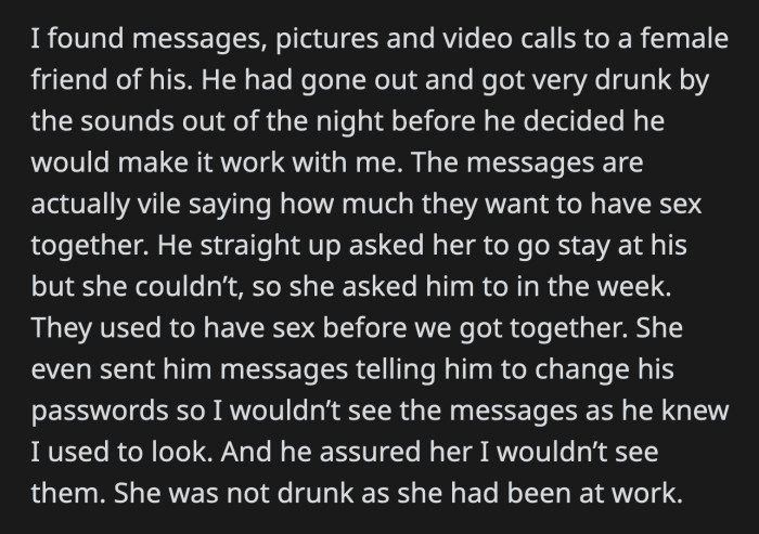 He asked the girl to come over, but she was unavailable, so they made plans to meet up later that week. She even asked him to change his password so OP wouldn't see.