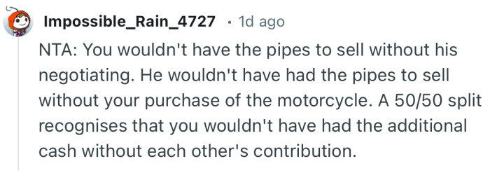 “A 50/50 split recognises that you wouldn't have had the additional cash without each other's contribution.”