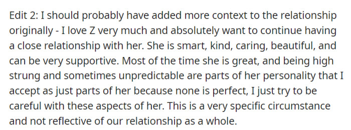 OP emphasizes their love for Z and their desire to maintain a close relationship.