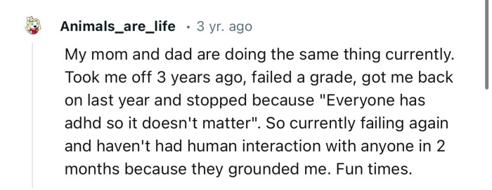 “My mom and dad are doing the same thing currently.”